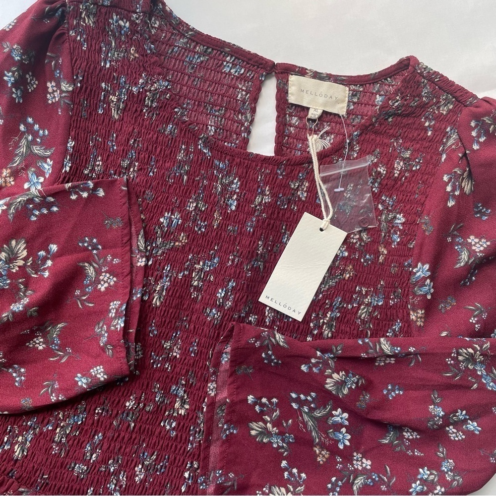 NWT Melloday Floral Smocked Midi Dress Size XL Burgundy